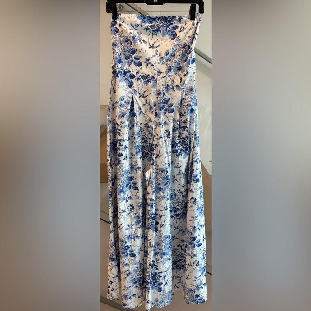 NWT Aakaa Maxi Dress Jumpsuit Sz M Strapless Tie Back Blue White Birds Flowers